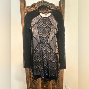 Express Black and Cream Lace Long Sleeve Dress